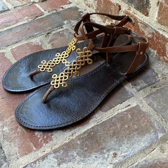 Diane Von Furstenberg Brown Leather Thong Sandals with Gold Accents - Picture 4 of 9